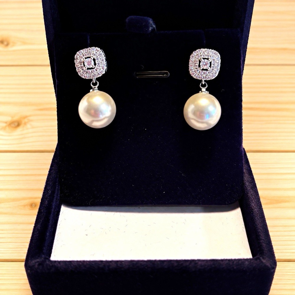 Silver Tone Rhinestone Halo Stud Drop White Faux Pearl Earrings 1in[JB2]